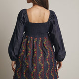 midnight indigo embroidered quilted mini dress