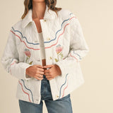 off white floral multi-color embroidered quilted jacket