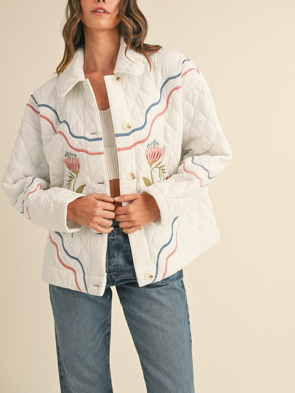 off white floral multi-color embroidered quilted jacket