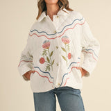off white floral multi-color embroidered quilted jacket