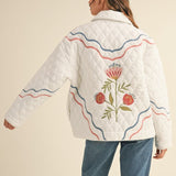 off white floral multi-color embroidered quilted jacket