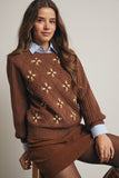 mocha embroidered puff sleeve knit sweater