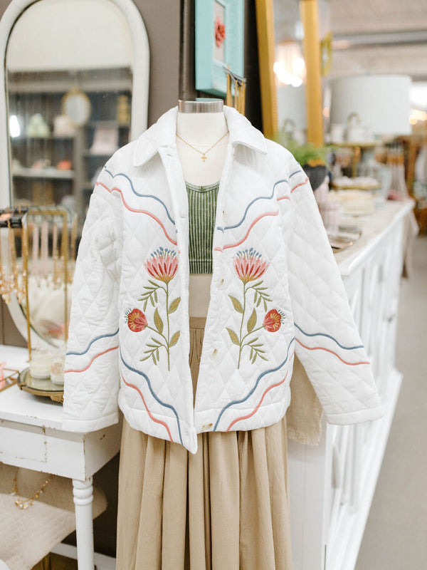 off white floral multi-color embroidered quilted jacket