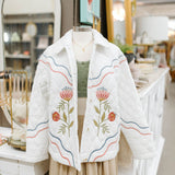 off white floral multi-color embroidered quilted jacket