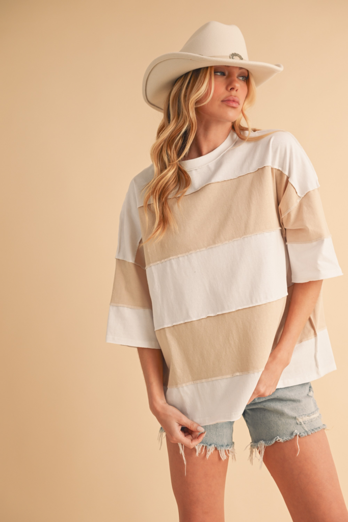 white and oat color block top
