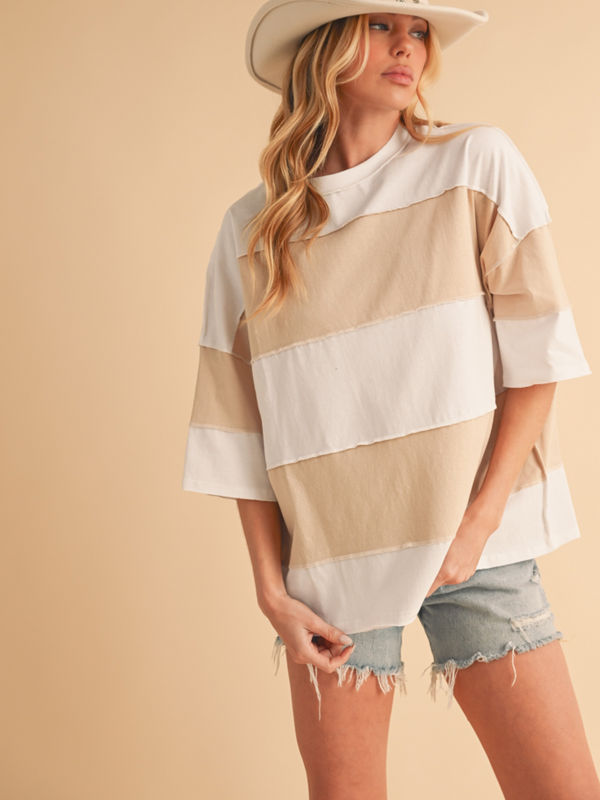 white and oat color block top