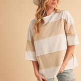 white and oat color block top