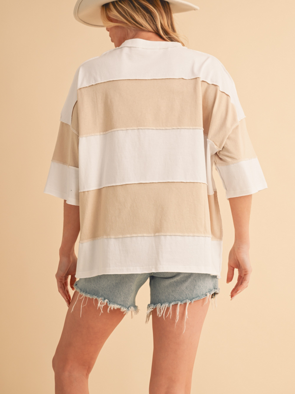 white and oat color block top