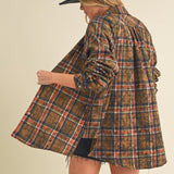 camel plaid washed flannel button up