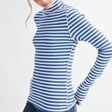 blue and white mock neck top
