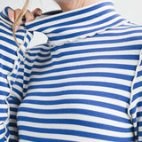 blue and white mock neck top