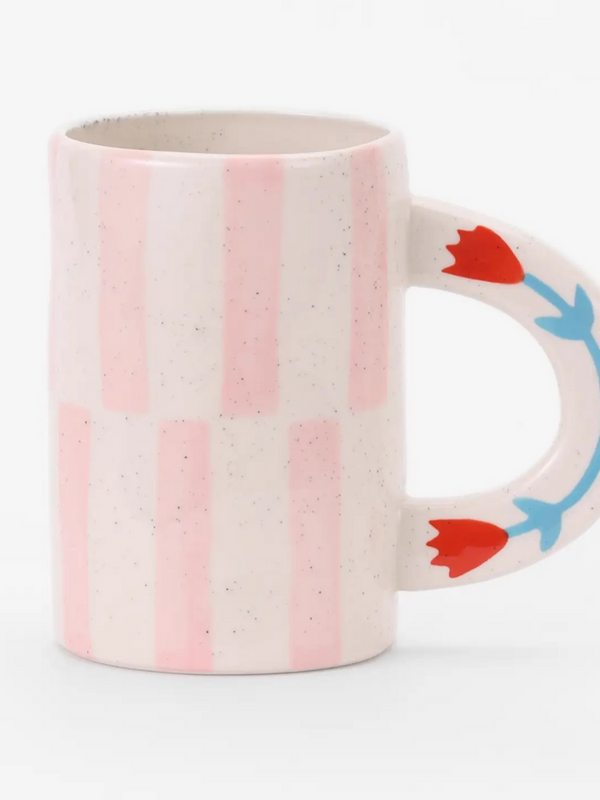 pink striped hand painted stoneware mug