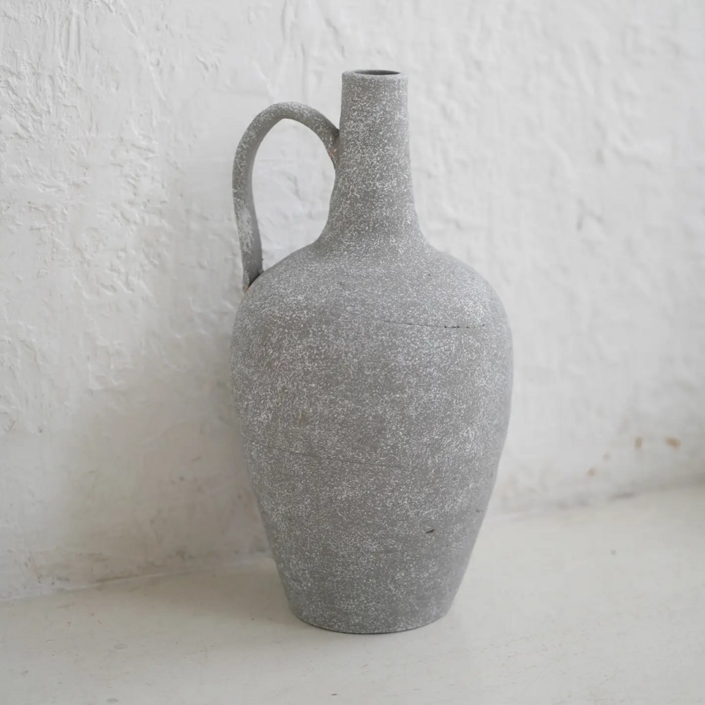 Rustic Vase Vintage Clay Pottery in Grey with Handles