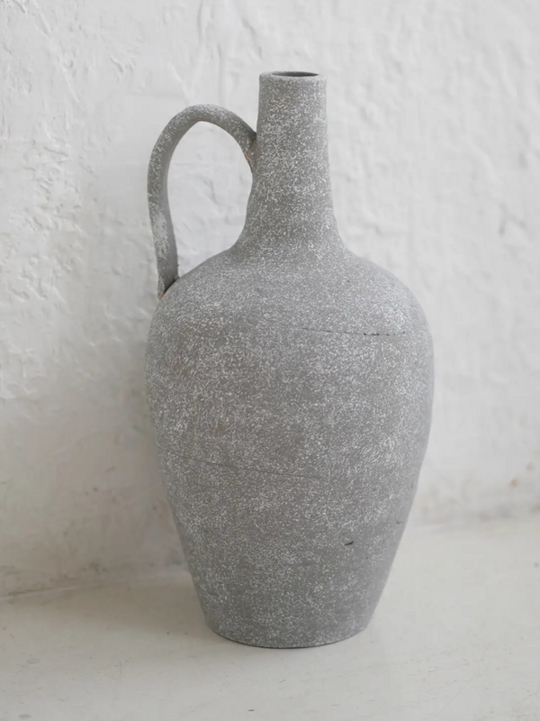 Rustic Vase Vintage Clay Pottery in Grey with Handles