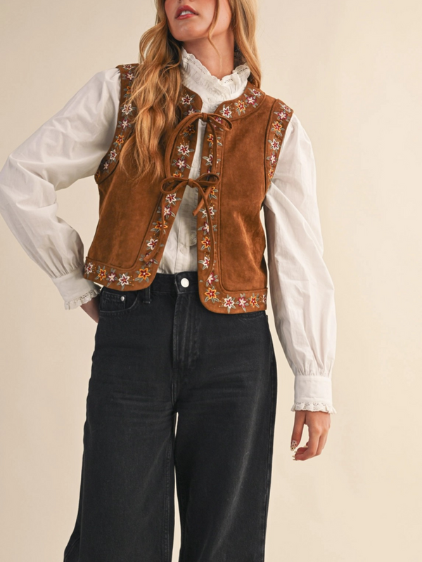 walnut floral embroidered tie front vest