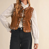 walnut floral embroidered tie front vest