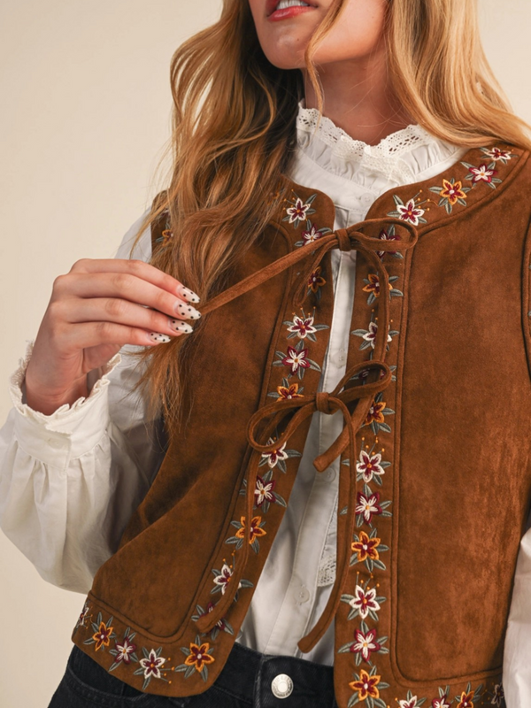 walnut floral embroidered tie front vest
