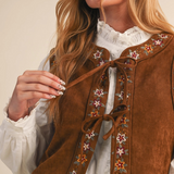 walnut floral embroidered tie front vest