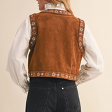 walnut floral embroidered tie front vest