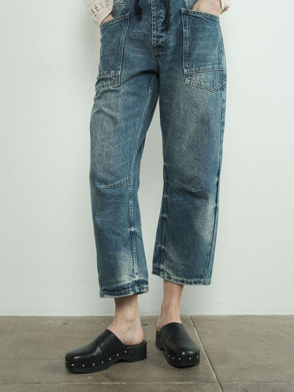 medium wash denim pants with eyelet waist