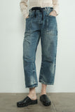medium wash denim pants with eyelet waist