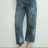 medium wash denim pants with eyelet waist