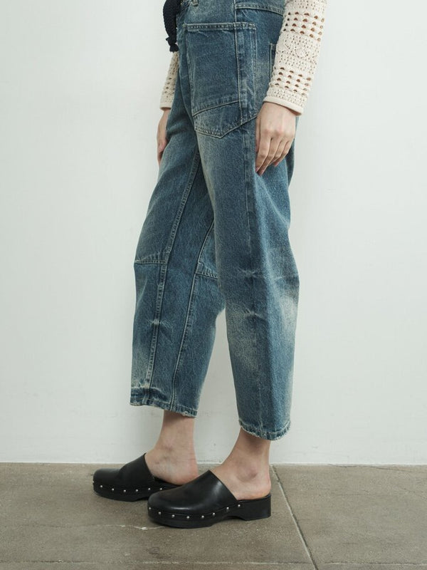 medium wash denim pants with eyelet waist