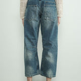 medium wash denim pants with eyelet waist