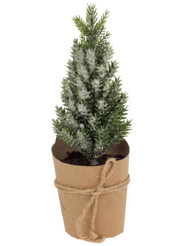 6.75" Tall Paper Pot Icy Pine Tree with Sisal Bow Christmas
