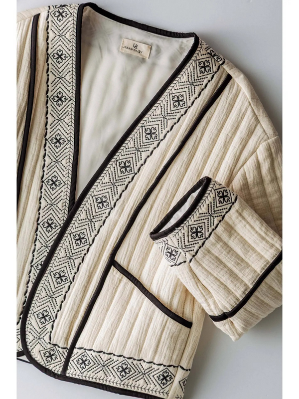 ivory & black embroidered quilted cropped jacket