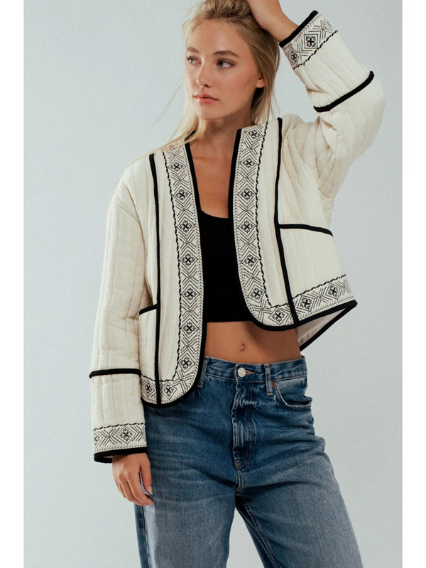 ivory & black embroidered quilted cropped jacket