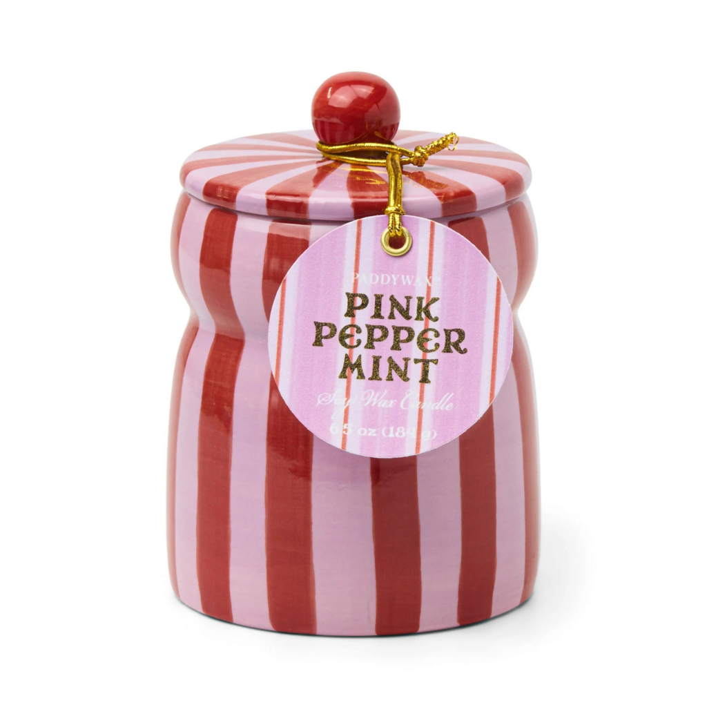 6.5oz lidded pink and red jar candle in pink peppermint