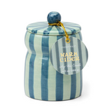 6.5oz. lidded blue and navy candle in warm cider