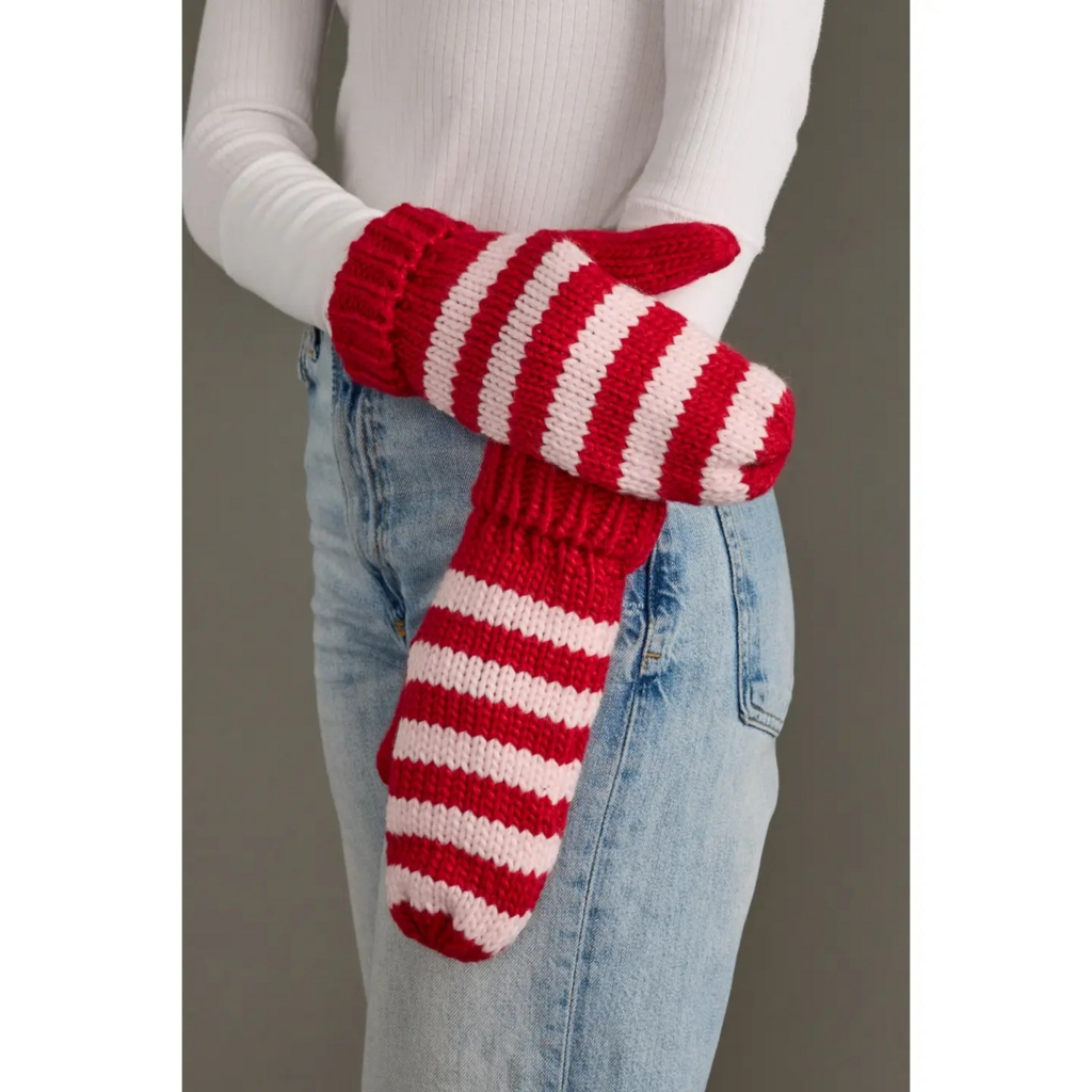 red and pink striped mittens