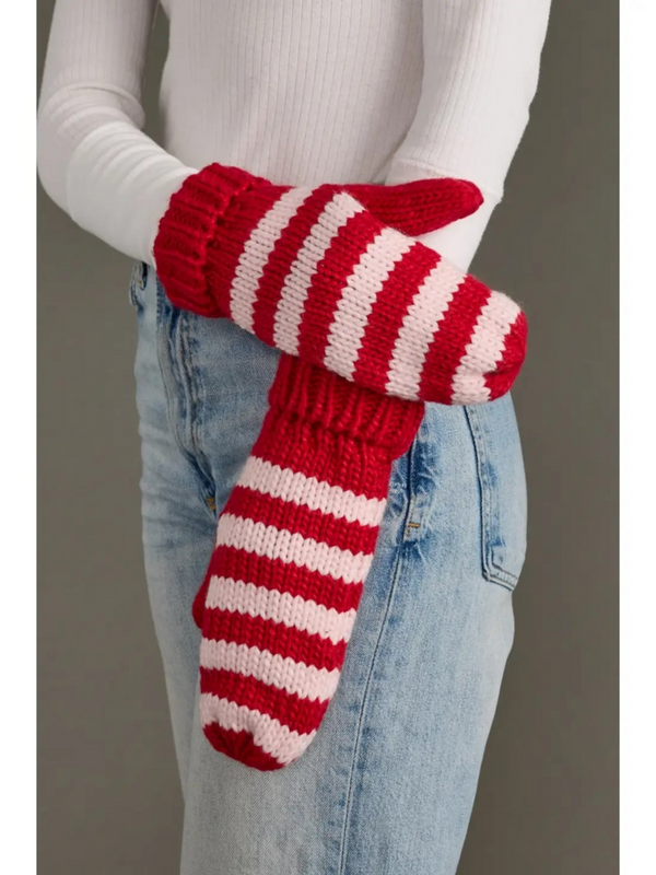 red and pink striped mittens