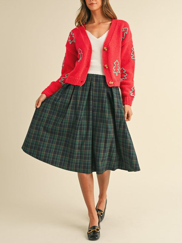 green plaid box pleats midi skirt