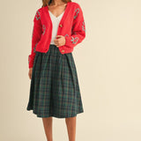 green plaid box pleats midi skirt