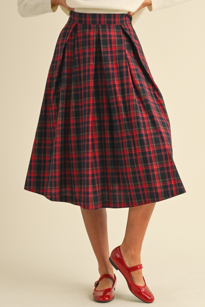 red plaid box pleats midi skirt