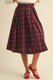 red plaid box pleats midi skirt