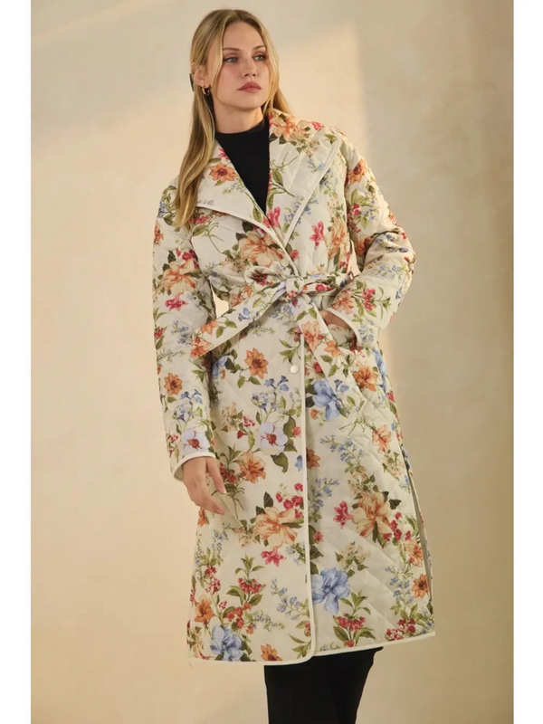Quilted Floral Coat with Belt