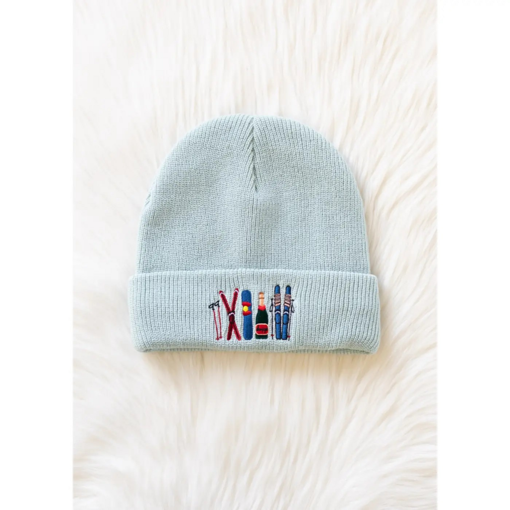 light blue ski embroidered knit beanie
