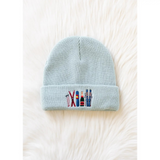 light blue ski embroidered knit beanie