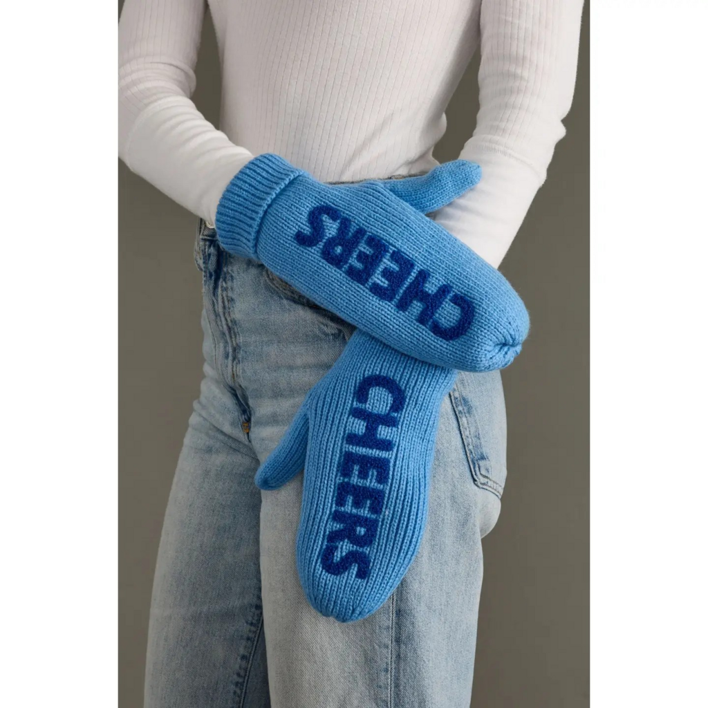 blue cheers knit mittens
