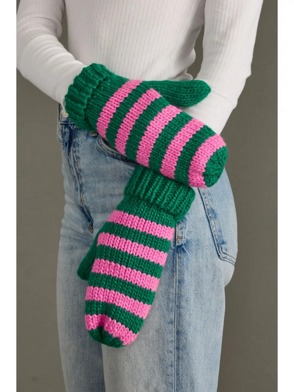 green and pink striped mittens