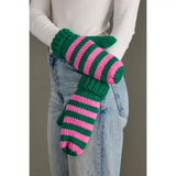 green and pink striped mittens