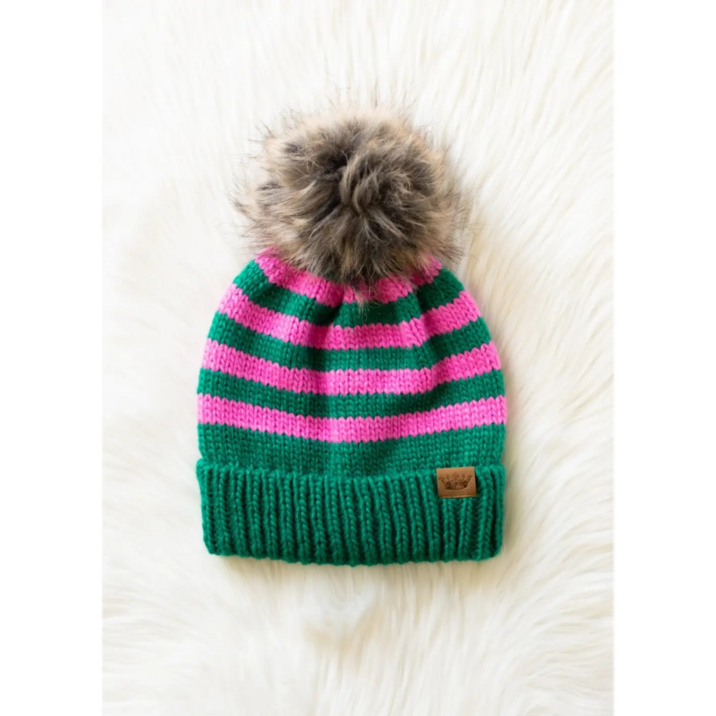 green and pink striped pom hat