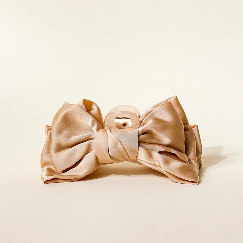 beige satin bow hair claw