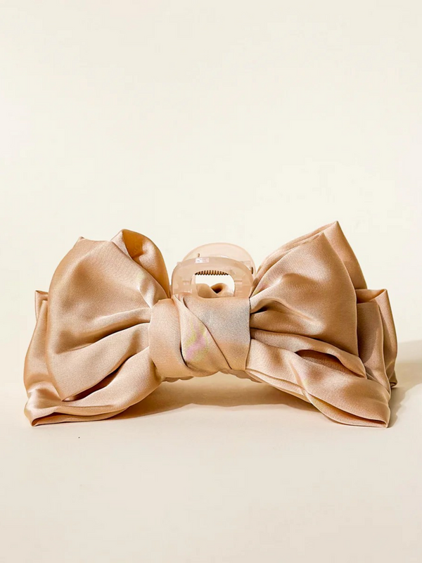 beige satin bow hair claw