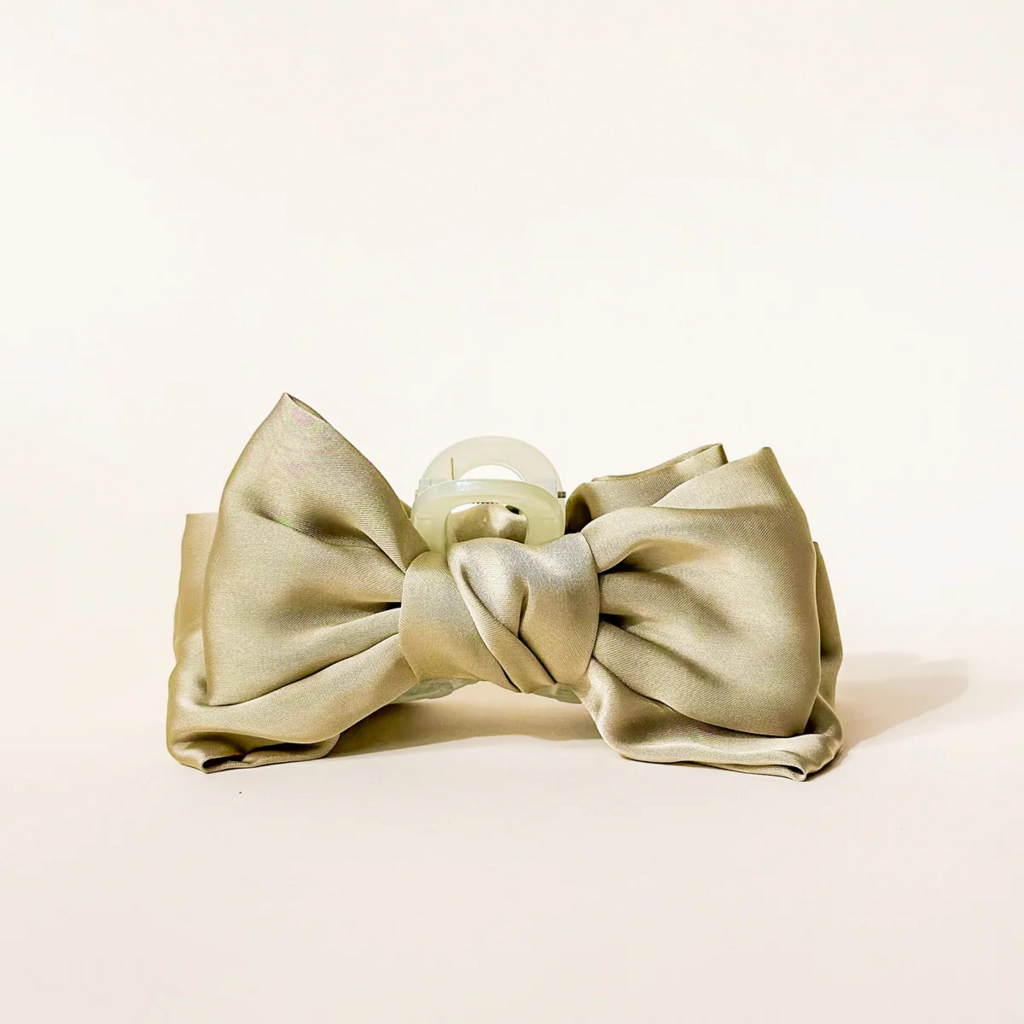 sage green satin bow hair claw