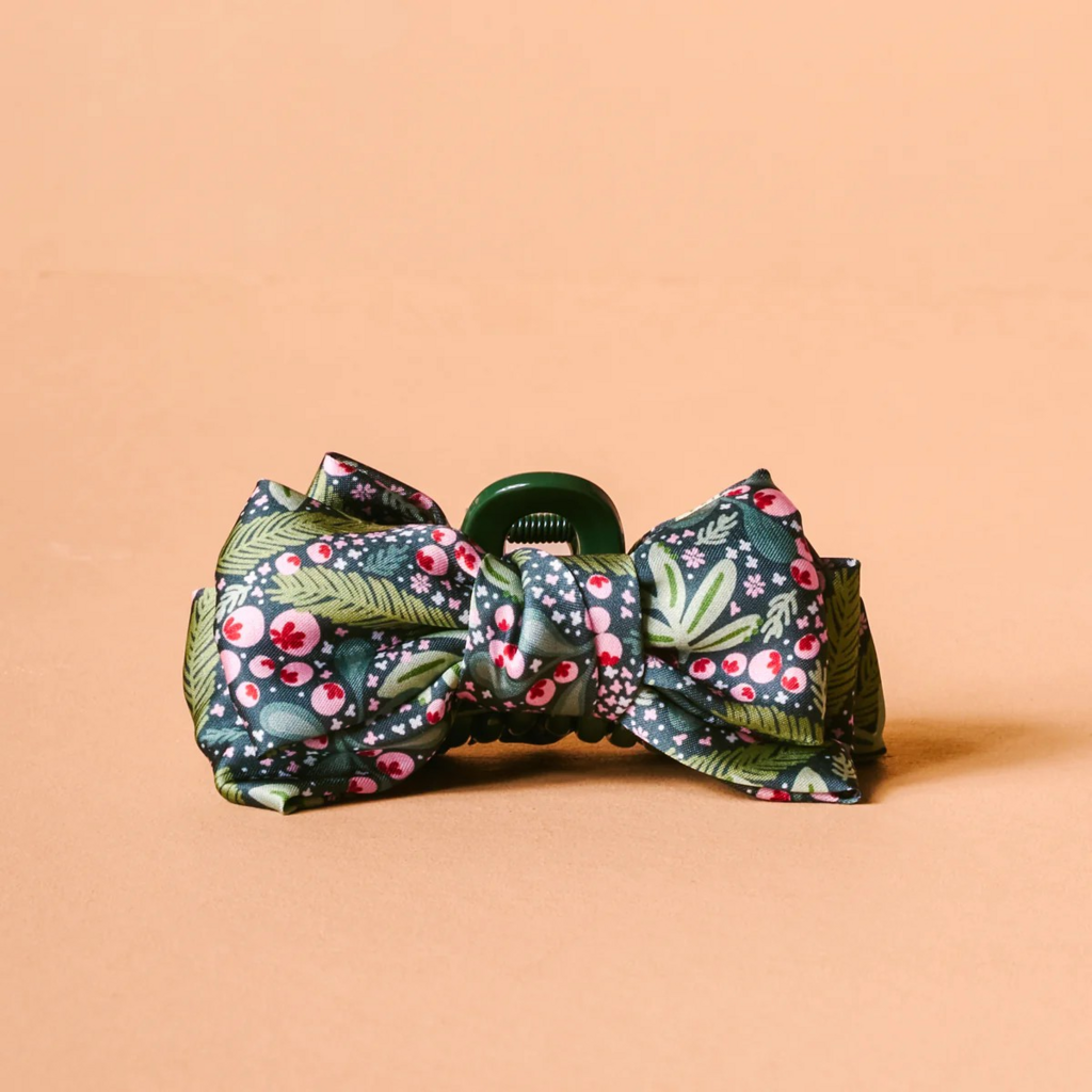holly sprig mini satin bow clip